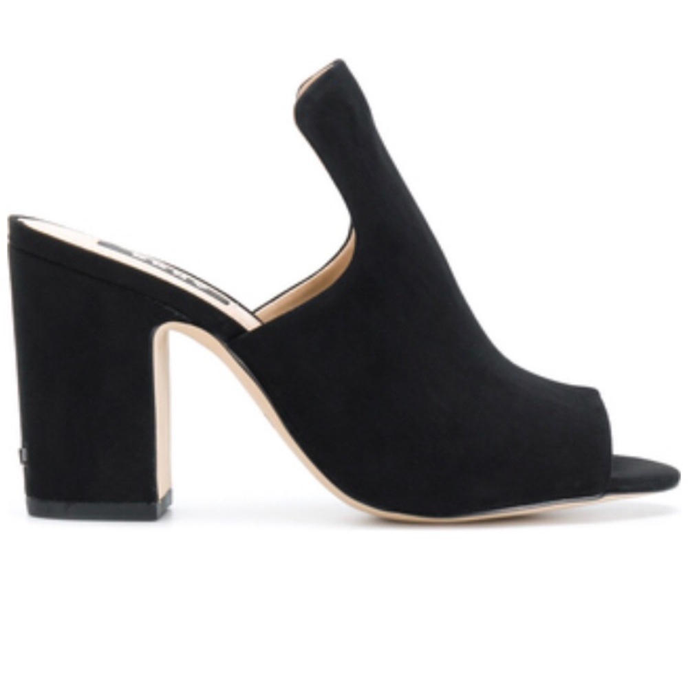 DKNY open toe sued heeled mules